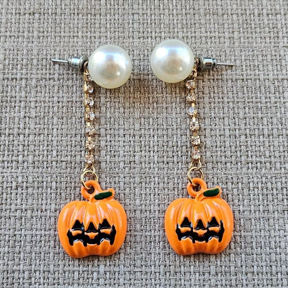 Halloween Earrings Pearl Crystals Accents Drop Down Women Pumpkin Earrings